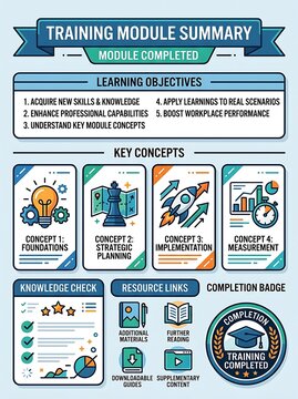 Training module summary infographic with learning goals and icons