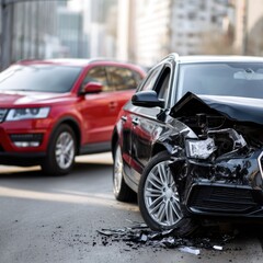 Fototapeta premium Damaged black car with shattered front fender and headlight after a collision in urban street with a red vehicle in background on a sunny day