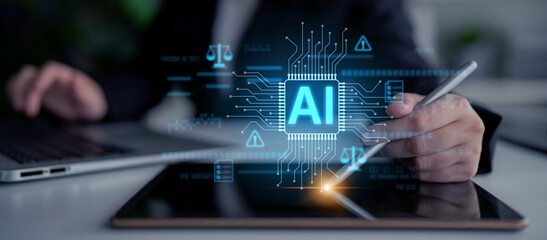 Fototapeta premium AI circuit microchip with glowing blue lines, surrounded by legal scales, warning symbols, data sheets, and binary codes, representing ethical AI, AI governance, and data integrity Latch