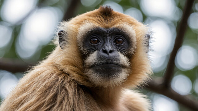 close up of gibbon monkey on the tree