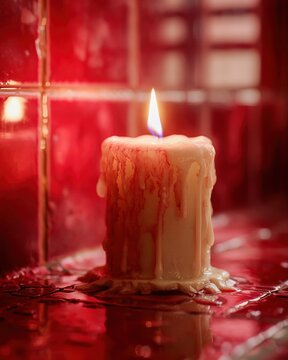 Extreme Macro Of Dripping Wax Candle In Vintage Horror Bathroom