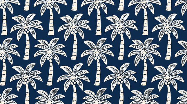 Seamless pattern with white palm trees on a dark blue background perfect for tropical designs.