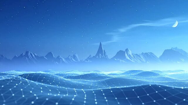 A digital landscape featuring a glowing wireframe surface under a starry night sky with mountains