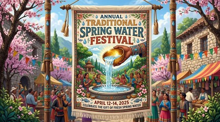 Fototapeta premium Traditional spring water festival banner featuring a hand holding a golden bowl pouring water background