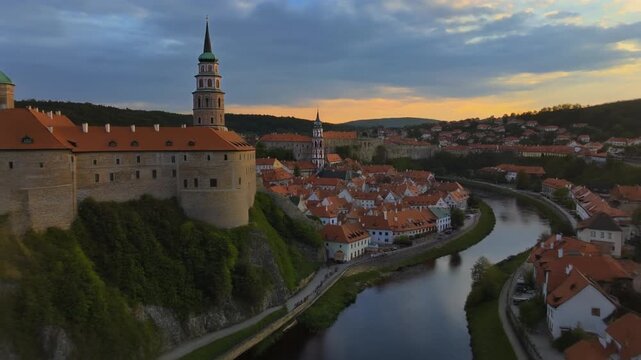 Aerial panorama of cesky krumlov evening with castle and river