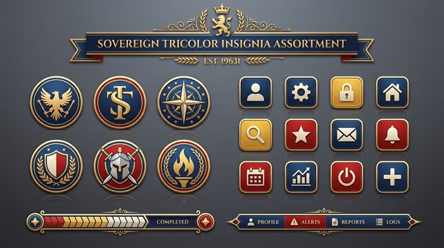 Sovereign Tricolor Insignia Assortment Comprising Circular Badges Square Icon Controls And Horizontal Interface Graphic Ribbons  flag state symbol national rectangle circle button badge