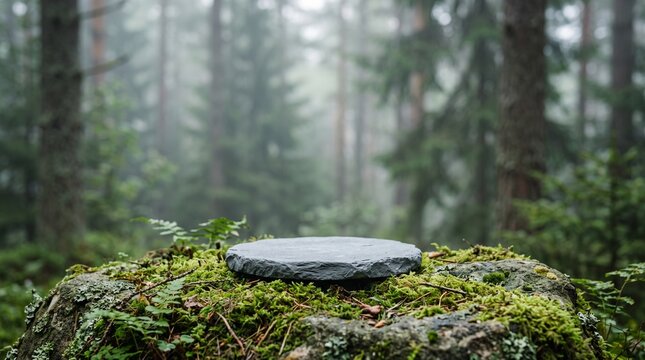 Round slate display stage sitting on mossy forest floor within misty woodland environment for organic product photography layout.