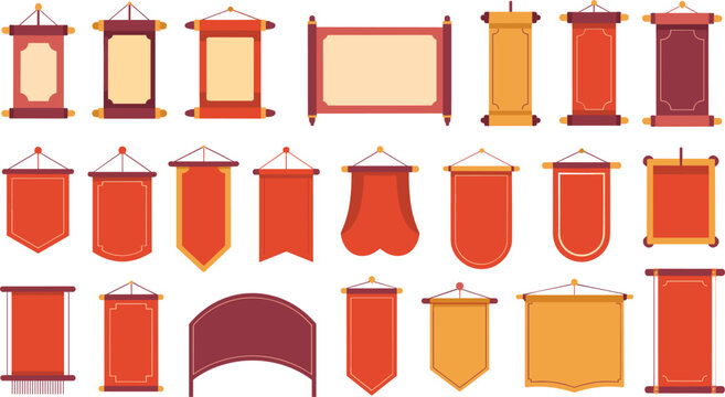 Traditional Chinese Scroll and Red Banner Vector Set Featuring Blank Hanging Pennants and Oriental Paper Scrolls for New Year Celebration Designs