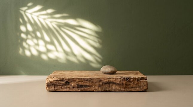 Rustic wooden block with small pebble under soft palm leaf shadow on olive green wall background for minimalist spa exhibition.