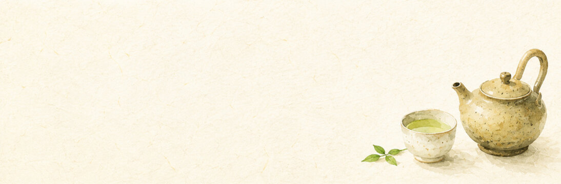 Minimalist Japanese Watercolor Illustration of Kyusu Teapot and Green Tea Cup on Washi Paper Background with Copy Space
和紙背景に急須と湯のみを描いたミニマルな水彩イラスト