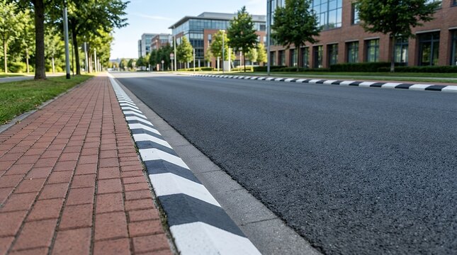 Asphalt Road with Black and White Striped Curb and Brick Sidewalk Asphalt road surface next to a striped black and white curb and paver brick sidewalk background  asphalt road black and white
