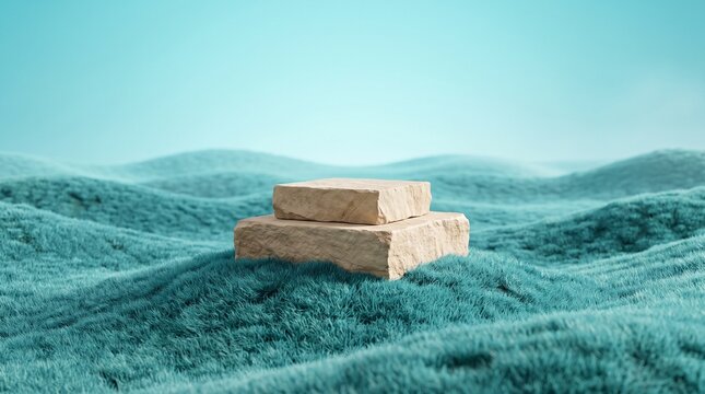 Two stone rectangles stacked on rolling green grass hills with soft blue sky in background abstract surreal landscape for product display.
