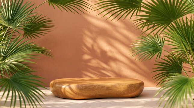 Smooth wooden podium surrounded by vibrant green palm leaves with warm sunlight and shadow creating tropical paradise backdrop for products.
