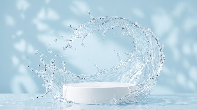 White cylindrical product display on wet surface with dynamic water splash, set against light blue background with subtle shadows.