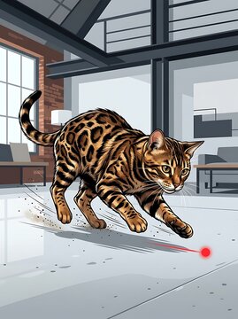 Playful bengal cat chasing a red laser dot in a modern loft