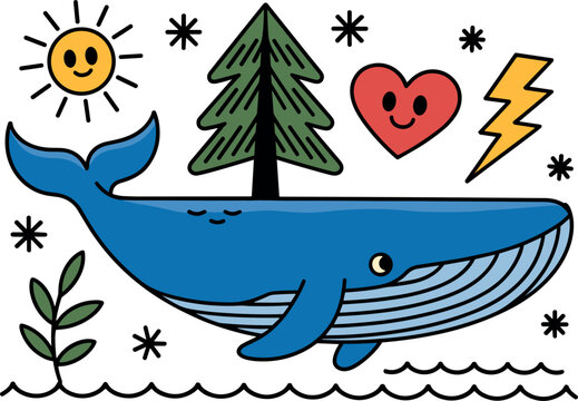 Cute Blue Whale Vector Illustration with Nature Elements, Smiling Sun, Pine Tree, Heart, Lightning Bolt, and Waves for Kids Graphic Designs