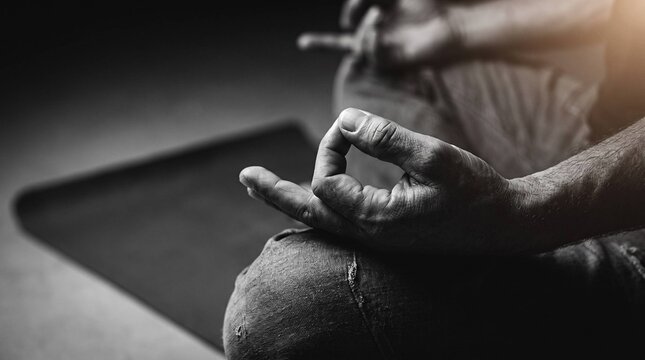 Close up black and white photo of hand forming meditation mudra gesture in yoga pose