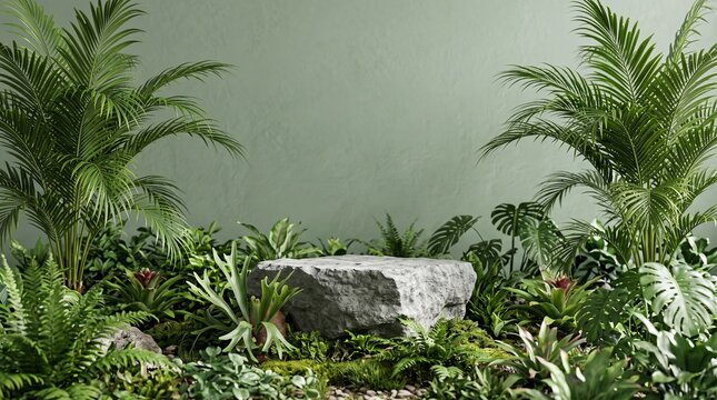 Rugged grey stone slab podium positioned among various ferns and palm plants against soft green studio wall for product mockup.
