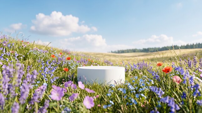 White round product display podium in lush summer field with vibrant purple and red wildflowers under a clear blue sky and clouds.
