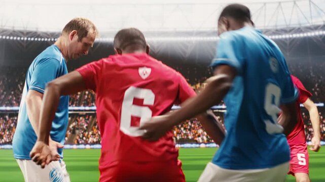 Soccer players showing strong ball control dribbling with speed across pitch, using football footwork to move past opponent in one on one duel, motion blur and attacking movement, for attack content.