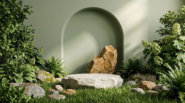 Elegant product stage with stone pedestal in center surrounded by rocks and garden plants against soft green arched wall.