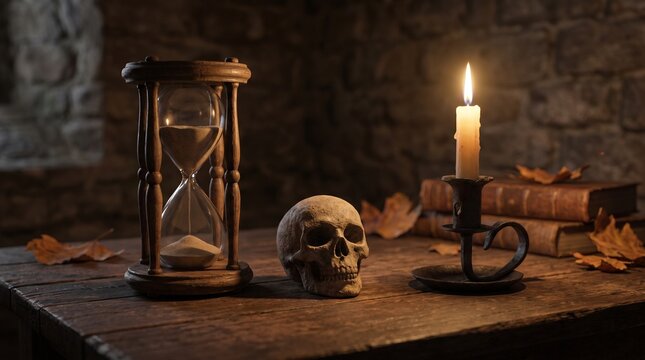 A still life composition featuring an hourglass, a human skull, and a lit candle on a wooden table, with old books and fallen leaves in the background, set in a dimly lit, antique room