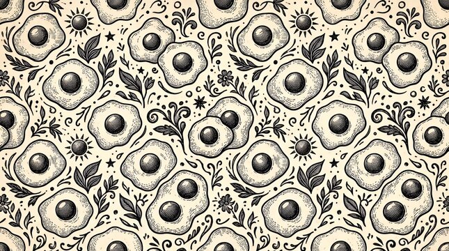 Classic monochrome hand sketched sunny side up fried eggs seamless pattern in traditional retro woodcut engraving art style for textile and menu design egg seamless pattern vintage hand drawn