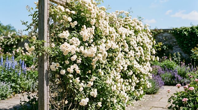Dense cluster of blooming pale ivory climbing blossoms climbing across a vertical garden structure during a sunny spring day roses wall white climbing bloom spring flower garden floral