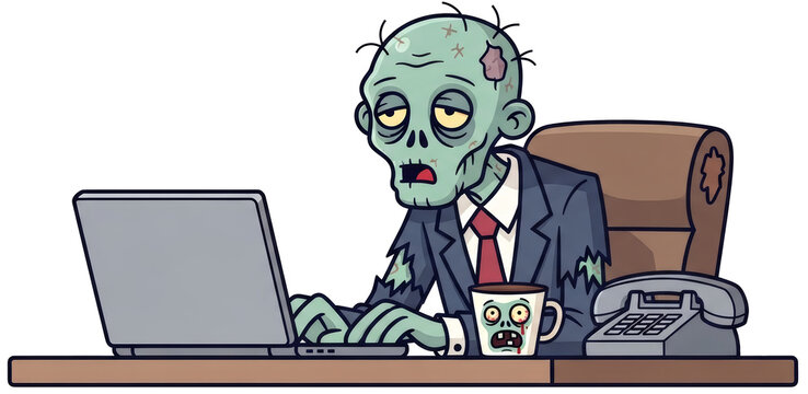 Zombie businessman working on laptop on transparent background. Tired office worker at desk with coffee mug and telephone. Humor concept for burnout and corporate lifestyle illustration.