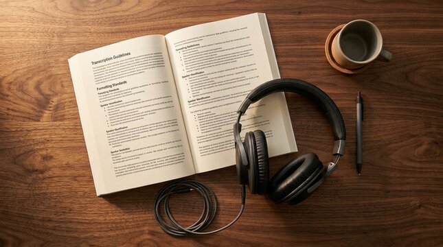 Transcription Style Guide Propped Open beside a Padded Headset on a Walnut Desk &ndash; Medical Dictation & Transcription Concept