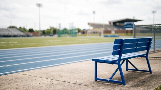 Blue park bench rests on concrete by athletic track and stadium on overcast day.