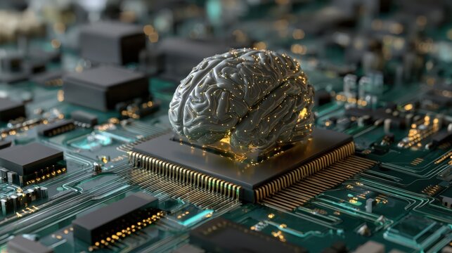 Metallic human brain model resting upon a complex integrated circuit processor chip on white background