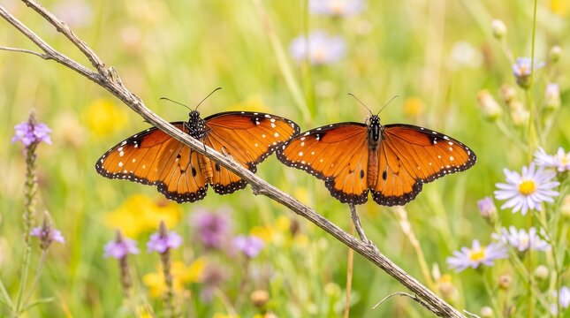 Two orange butterflies with white spots perch on thin branch amid colorful wildflowers.