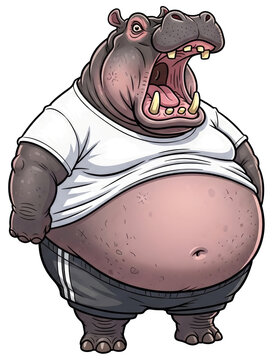 Cartoon hippo wearing t-shirt and short on transparent background. Funny heavy animal character with open mouth. Cute mascot for children print design, sticker or digital media illustration.