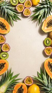 Tropical fruit border with papaya pineapple kiwi and passion fruit arranged on beige background. Nutritious raw snack and vitamin food composition for healthy diet and summer concept.