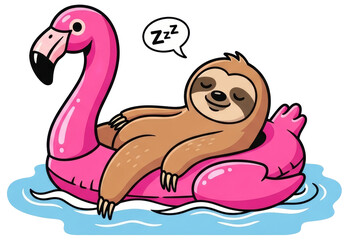 Obraz premium Cute cartoon sloth sleeping on pink flamingo pool float on transparent background. Tropical summer vacation illustration. Animal relaxing in water during holiday, travel concept.