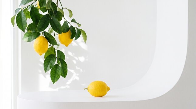Fresh yellow lemon fruit hanging on green tree branch against clean white wall background with modern minimalist studio interior.