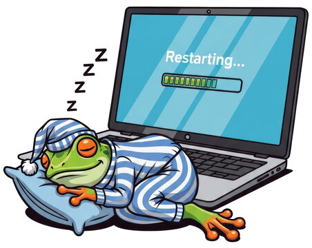 Sleeping frog in pajamas resting on pillow next to laptop showing restarting progress bar on transparent background. Funny animal illustration representing slow computer performance.