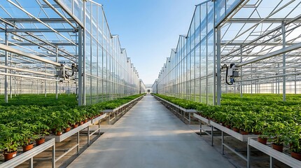 Fototapeta premium Spacious modern greenhouse with rows of vibrant plants thriving in a controlled environment, showcasing sustainable agriculture and innovative farming technology