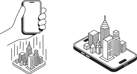 Isometric mobile phone holding digital cityscape concept vector illustration showing urban architectural structures appearing from handheld device screen representing future technology. © Obiron