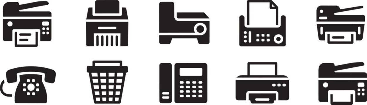 Office equipment and printer vector icon set featuring scanning machines fax devices phone and waste bin tools for professional workplace management or digital document processing solutions.
