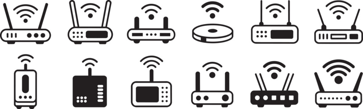 Wireless router vector set for internet connectivity networking hardware equipment and wifi signal symbols for computer communications technology and home network installation flat icons.