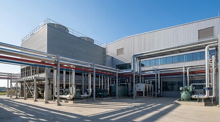 Naklejka premium Modern industrial building with advanced cooling systems and extensive pipe infrastructure, vital for efficient process operations and sustainable energy management