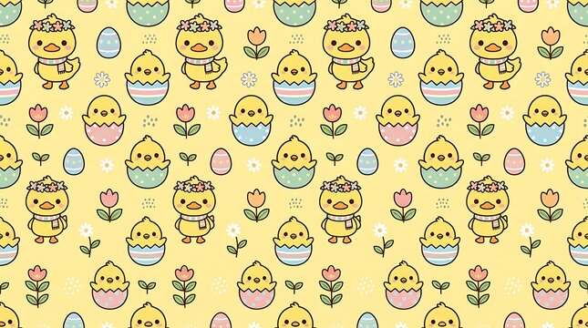 Cute easter pattern with yellow chicks and colorful eggs