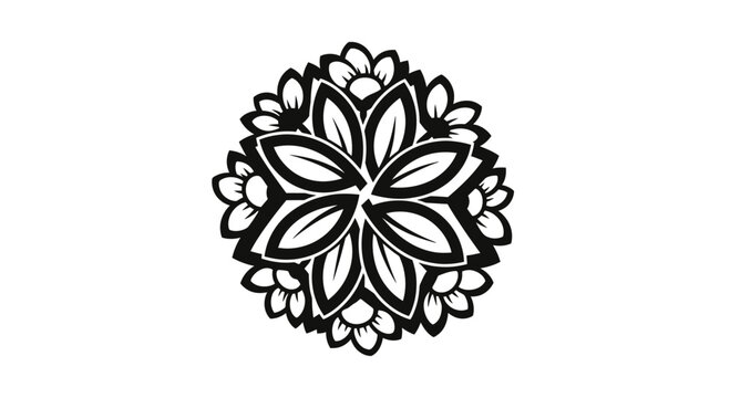 Symmetrical black circular floral mandala ornament on white.