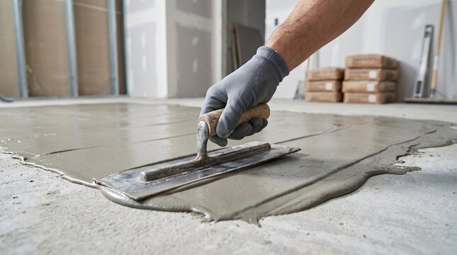 Expert tradesperson leveling new concrete at a building site for floor installation process