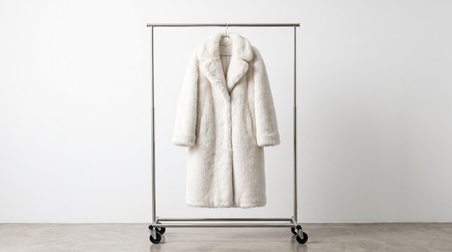Stylish white faux fur coat showcased on a clothing rack in a clean and modern studio environment