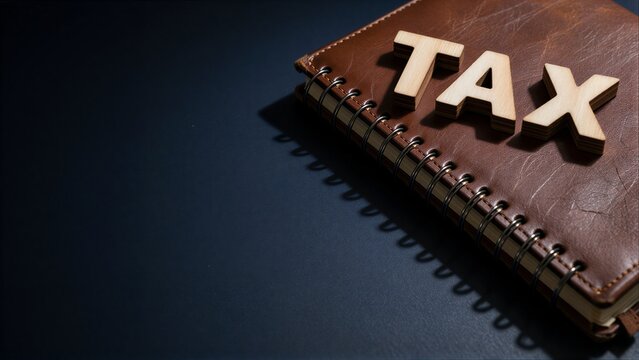 Wooden "TAX" letters rest on a leather-bound notebook against a dark background.