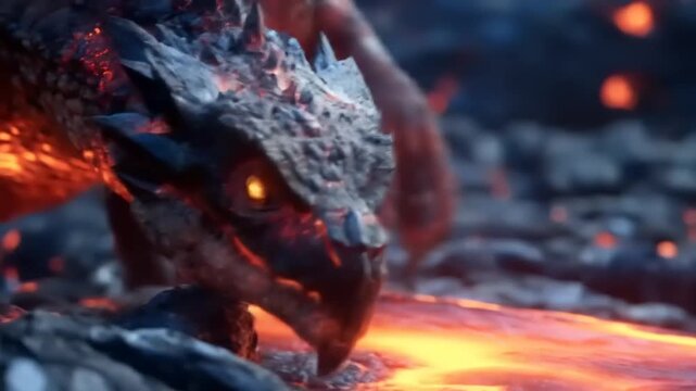 Fantasy creature with glowing eyes amidst molten rock
