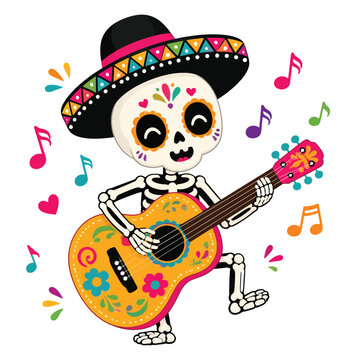 Day of the dead skeleton playing guitar, colorful festive celebration, sugar skull art, music and dance theme